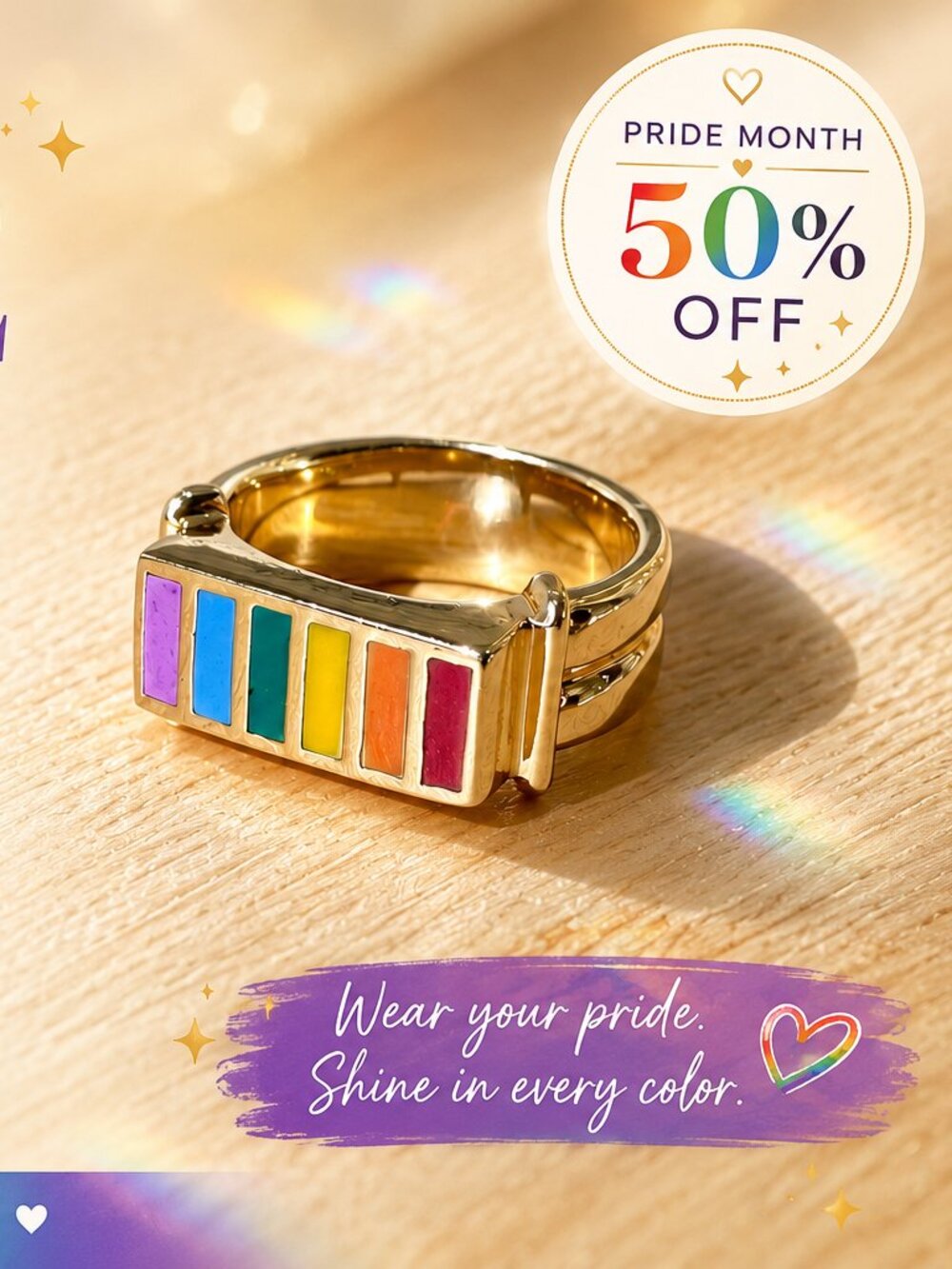 LGBTQ Rainbow Bar Ring | 24K Gold Plated Bronze Ring size 6 🏳️‍🌈 50% discount
